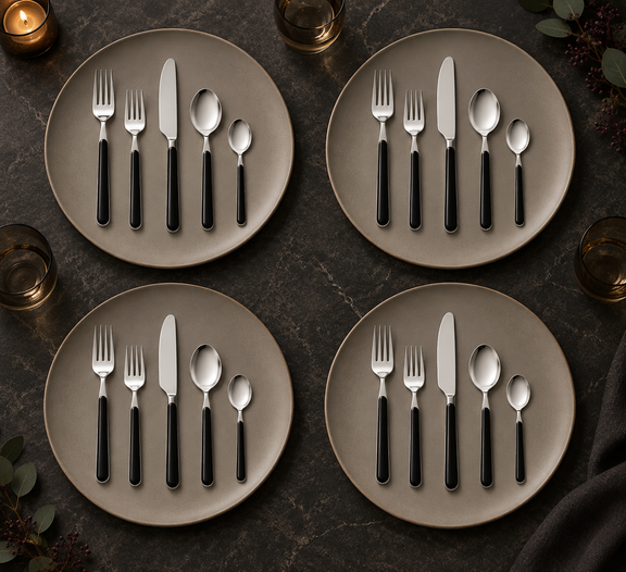 Mepra Fantasia Ice Oro Black 20-piece flatware displayed as four sophisticated evening place settings