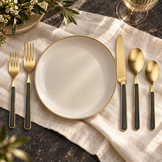 Mepra Fantasia Ice Oro Black five-piece gold flatware beside an ivory plate