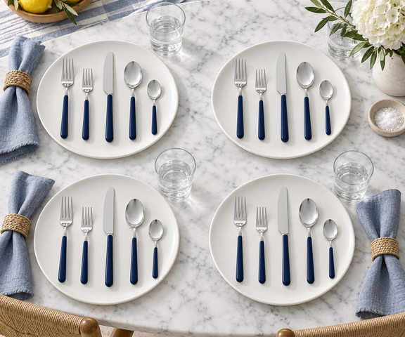 Mepra Fantasia Ice Oro Cobalt 20-piece flatware arranged as four coastal-inspired place settings