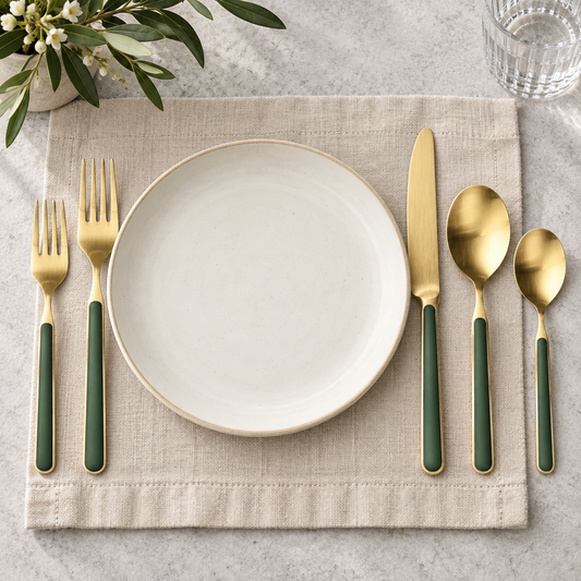 Mepra Fantasia Ice Oro Forest Green five-piece gold flatware beside an ivory plate