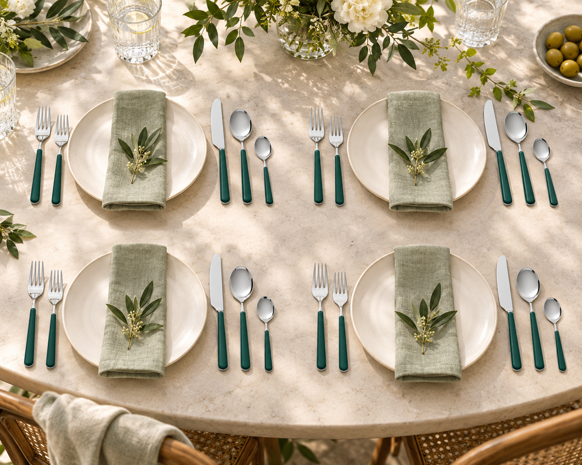 Mepra Fantasia Ice Oro Forrest Green 20-piece flatware arranged as four garden-inspired place settings
