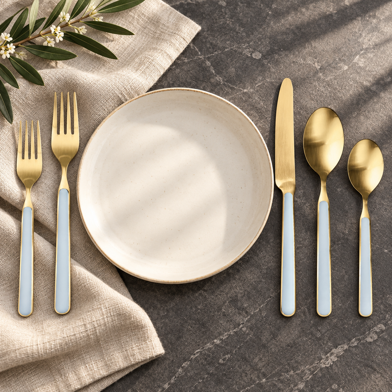 Mepra Fantasia Ice Oro Light Blue five-piece gold flatware beside an ivory plate