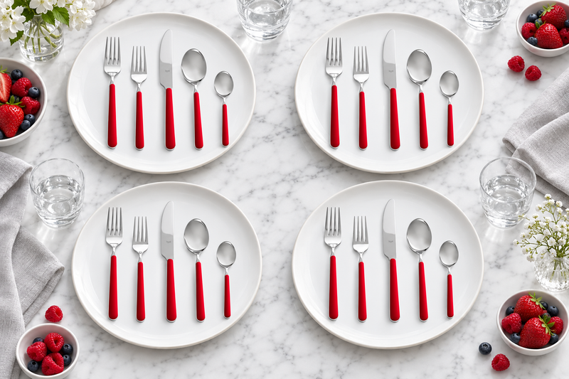 Mepra Fantasia Ice Oro Red 20-piece flatware arranged as four bright contemporary place settings