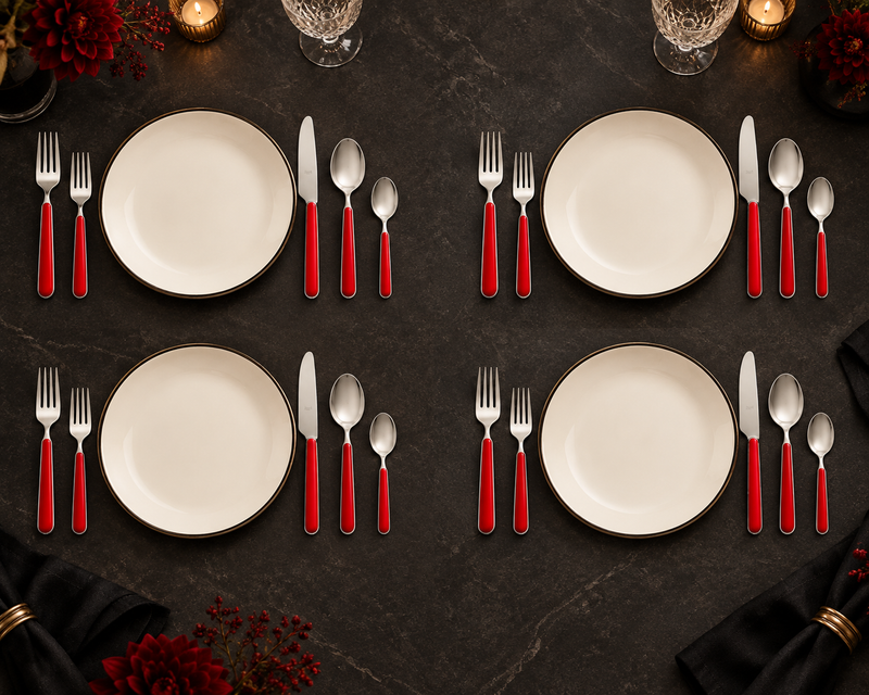 Mepra Fantasia Ice Oro Red 20-piece flatware displayed as four dramatic formal place settings