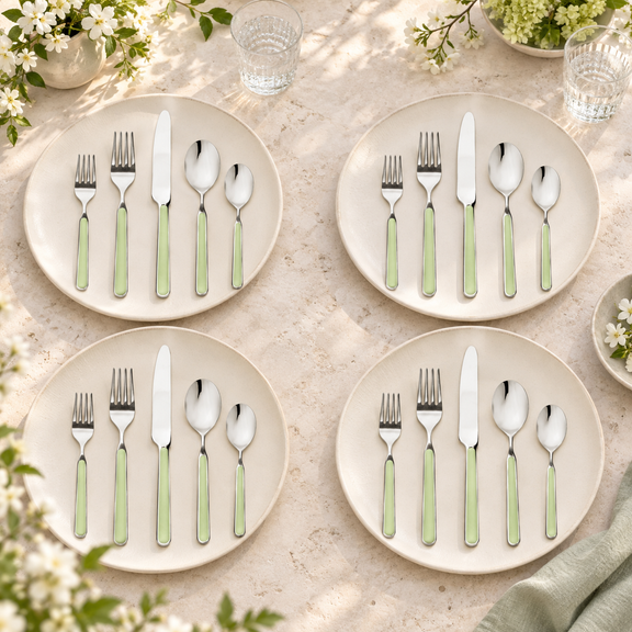 Mepra Fantasia Ice Oro Sage 20-piece flatware arranged as four serene spring place settings
