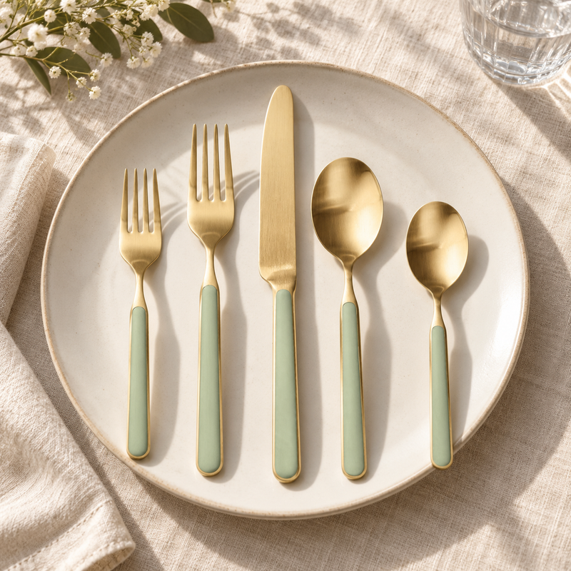 Mepra Fantasia Ice Oro Sage five-piece flatware on ivory ceramic and linen, brushed gold with muted sage handles