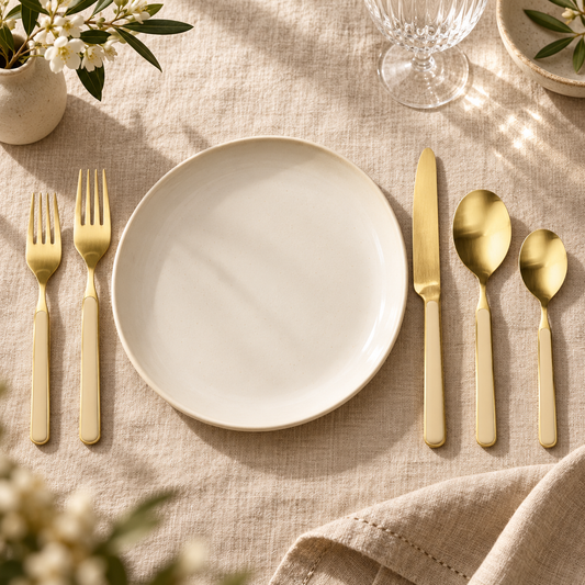 Mepra Fantasia Ice Oro Sesame five-piece flatware set beside an ivory plate on linen