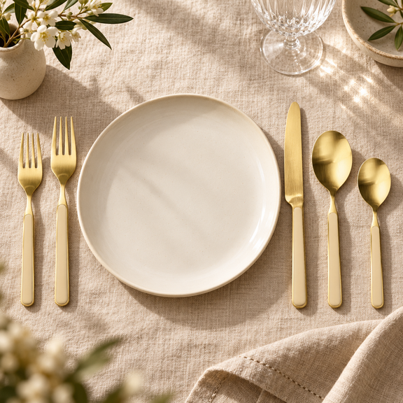 Mepra Fantasia Ice Oro Sesame five-piece flatware set beside an ivory plate on linen