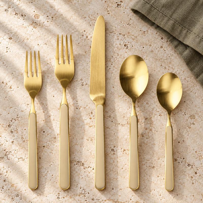 Mepra Fantasia Ice Oro Sesame five-piece flatware set on pale stone