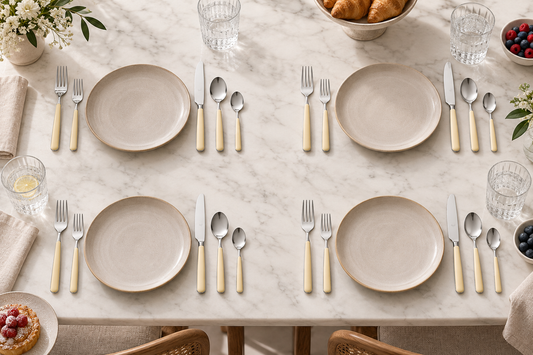 Mepra Fantasia Ice Oro Vanilla 20-piece flatware arranged as four refined breakfast place settings