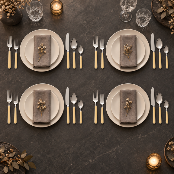 Mepra Fantasia Ice Oro Vanilla 20-piece flatware displayed as four elegant evening place settings