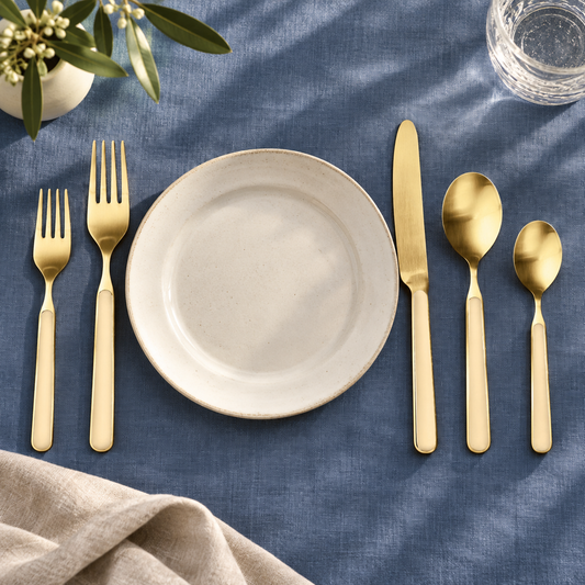 Mepra Fantasia Ice Oro Vanilla five-piece flatware around a plate on blue linen
