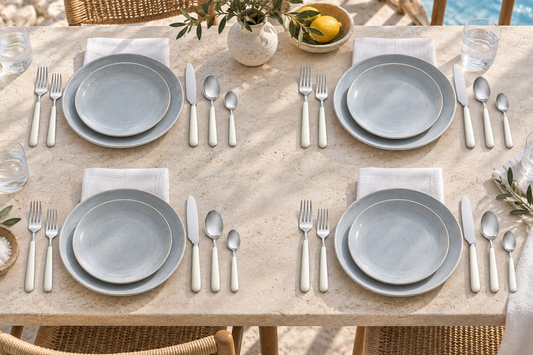 Mepra Fantasia Ice Oro White 20-piece flatware arranged as four bright coastal place settings