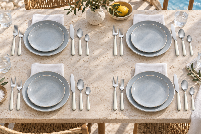 Mepra Fantasia Ice Oro White 20-piece flatware arranged as four bright coastal place settings
