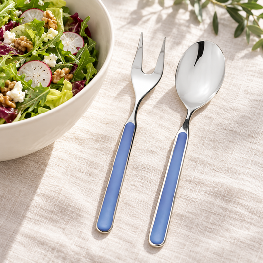 Mepra Fantasia Lavendal salad serving fork and spoon on linen