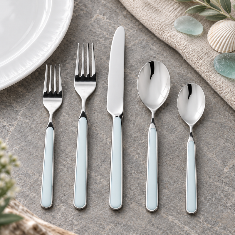 Mepra Fantasia Light Blue five-piece flatware in a coastal stone setting