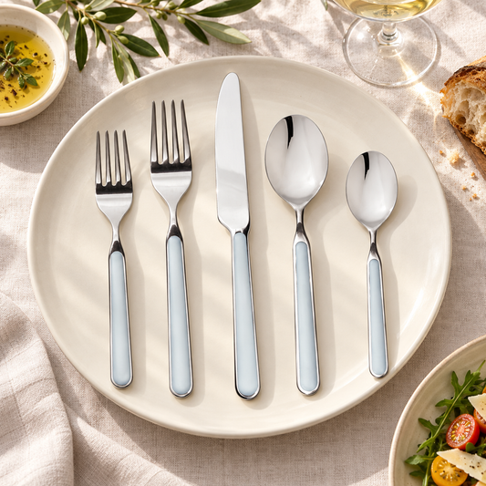 Mepra Fantasia Light Blue five-piece flatware on an ivory plate and linen