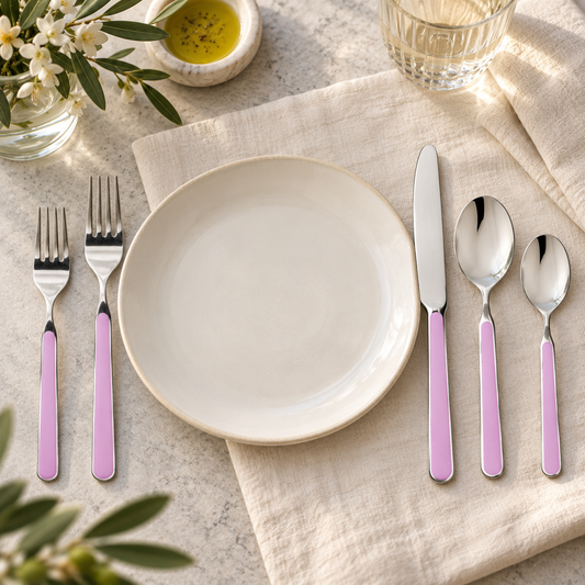Mepra Fantasia Lilac five-piece flatware around an ivory plate on linen