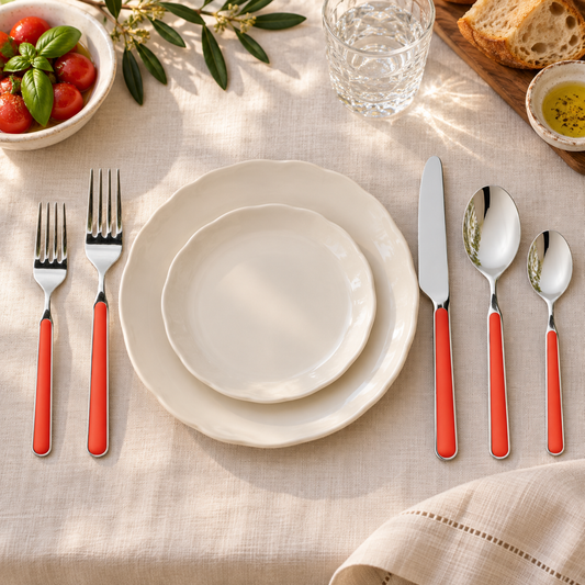 Mepra Fantasia New Coral five-piece flatware beside ivory tableware on linen