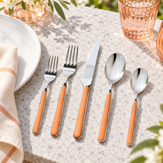 Mepra Fantasia Orange five-piece flatware in a bright patio setting