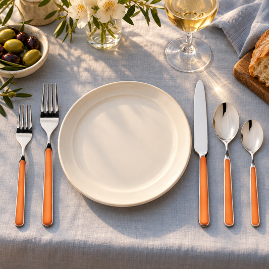 Mepra Fantasia Orange five-piece flatware around an ivory plate on blue-gray linen