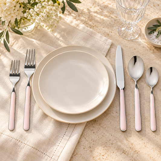 Mepra Fantasia Pale Rose five-piece flatware beside ivory plates on linen