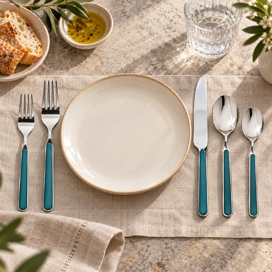 Mepra Fantasia Petroleum five-piece flatware beside an ivory plate on linen