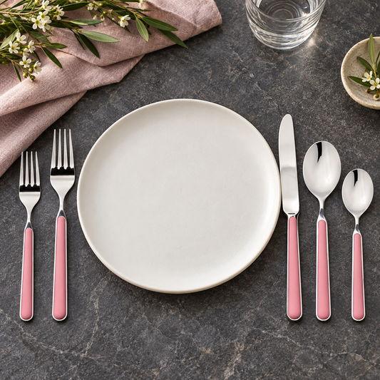 Mepra Fantasia Pink five-piece flatware around an ivory plate on charcoal stone