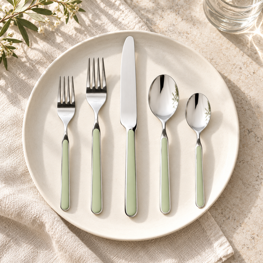 Mepra Fantasia Sage five-piece flatware on an ivory plate with linen
