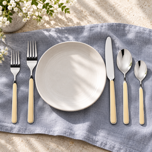 Mepra Fantasia Sesame five-piece flatware around an ivory plate on blue-gray linen