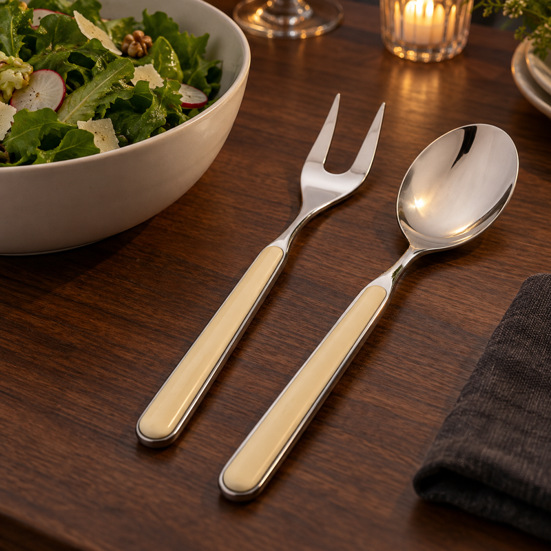 Mepra Fantasia Sesame two-piece serving set in an elegant evening dining setting