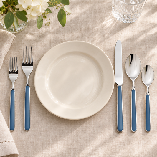 Mepra Fantasia Sugar Paper five-piece flatware around ivory tableware on linen
