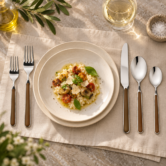 Mepra Fantasia Tobacco five-piece flatware beside dinnerware on natural linen