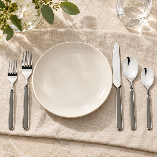 Mepra Fantasia Vicuna five-piece flatware around an ivory plate on linen