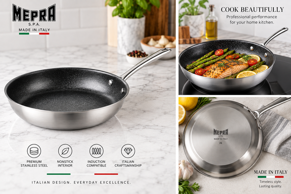 Mepra Fantasiastone 20cm black nonstick frying pan lifestyle and detail views