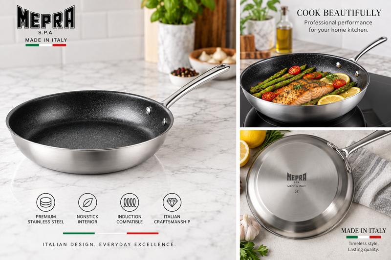 Mepra Fantasiastone 20cm black nonstick frying pan lifestyle and detail views