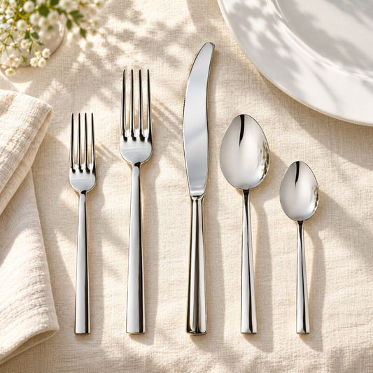 Mepra Levantina five-piece flatware set on ivory linen beside white plate