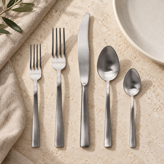 Mepra Levantina Ice brushed silver five-piece flatware on light limestone