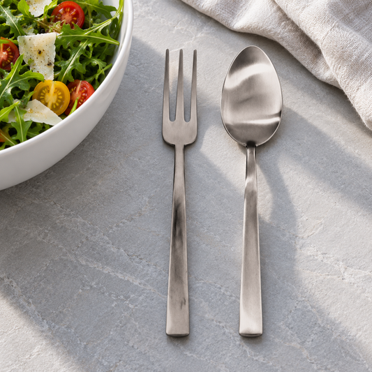 Mepra Levantina Ice two-piece satin serving set on pale slate