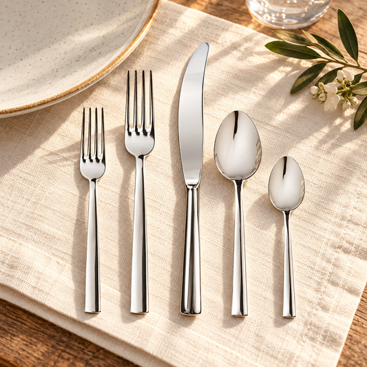 Representative five-piece setting from Mepra Levantina 20-piece set on cream linen