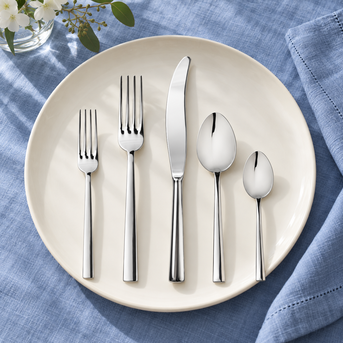 Representative five-piece setting from Mepra Levantina 20-piece set on blue linen