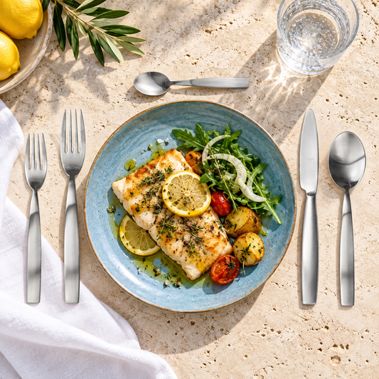 Mepra Mediterranea Ice five-piece flatware setting with lemon fish on travertine