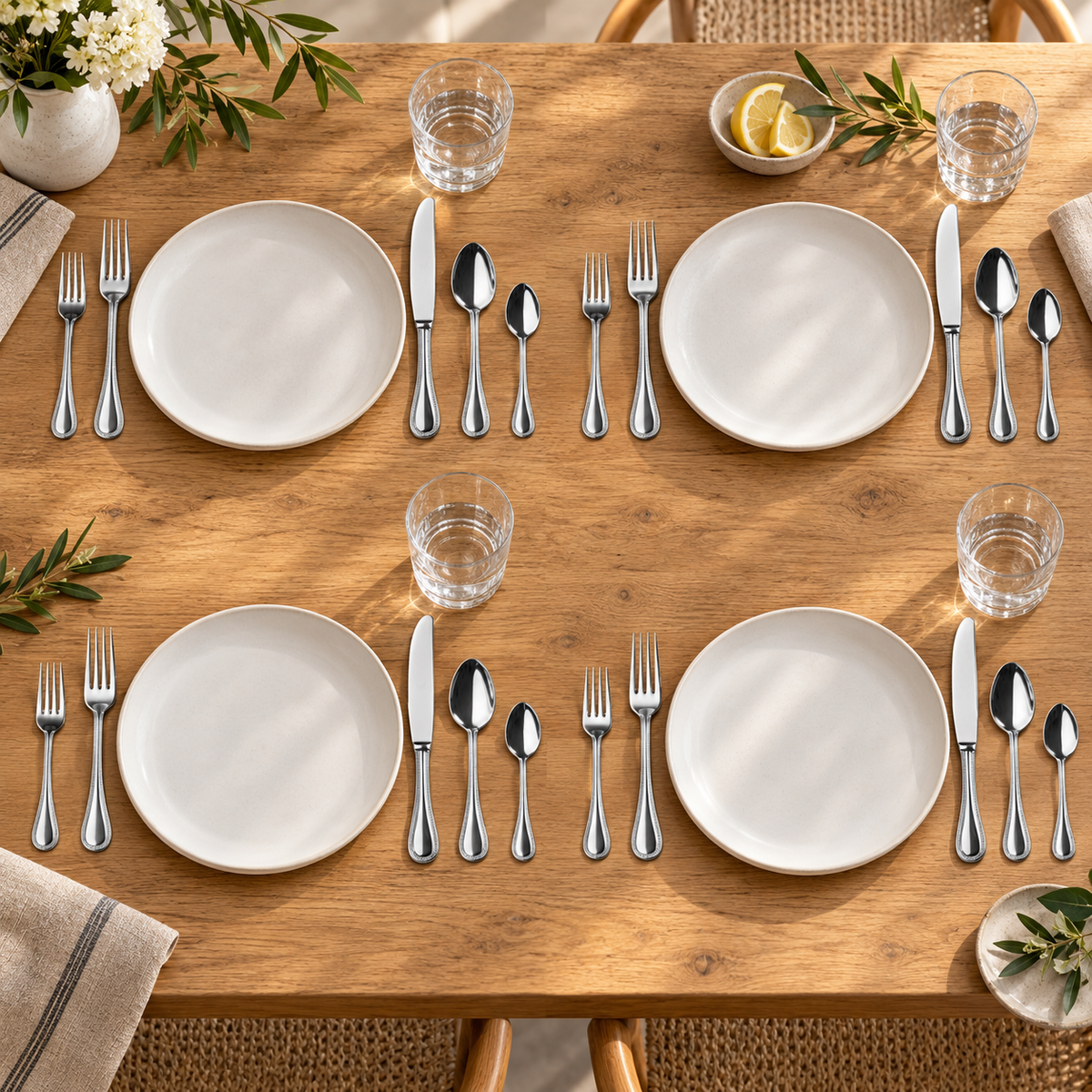 Mepra Perla 20-piece polished silver flatware arranged as four welcoming everyday place settings