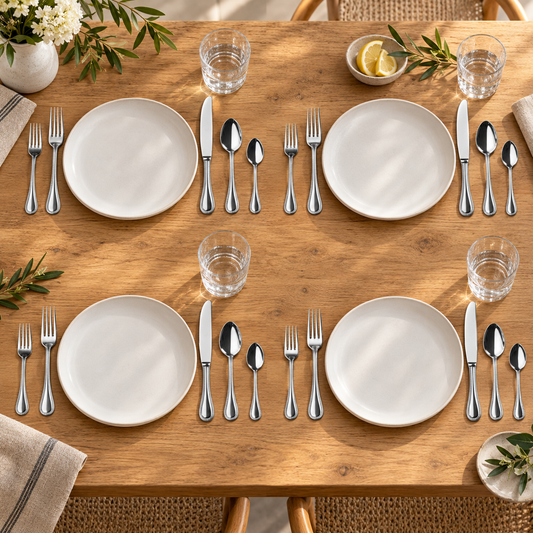 Mepra Perla 20-piece polished silver flatware arranged as four welcoming everyday place settings
