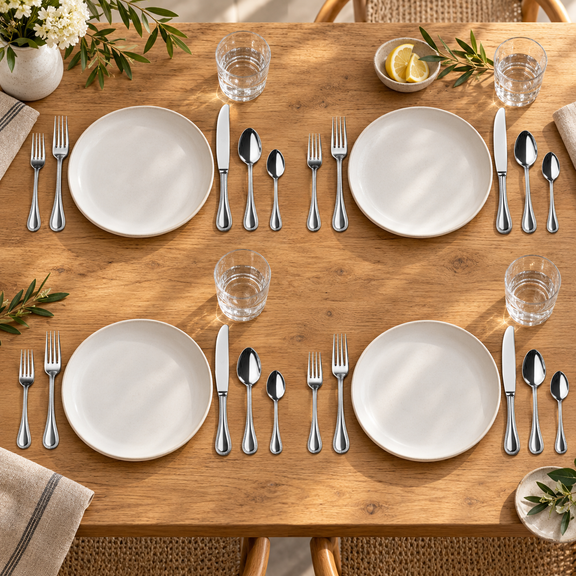 Mepra Perla 20-piece polished silver flatware arranged as four welcoming everyday place settings