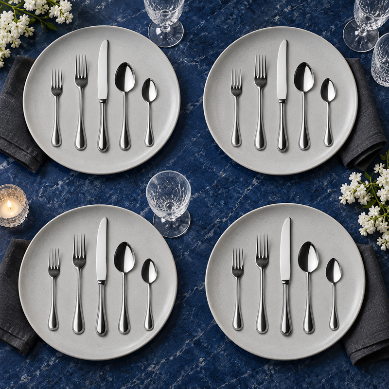 Mepra Perla 20-piece polished silver flatware displayed as four contemporary evening place settings