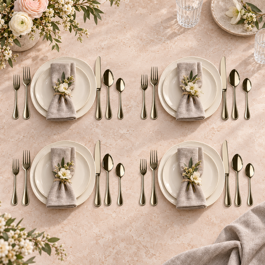 Mepra Perla Champagne 20-piece flatware arranged as four romantic refined place settings