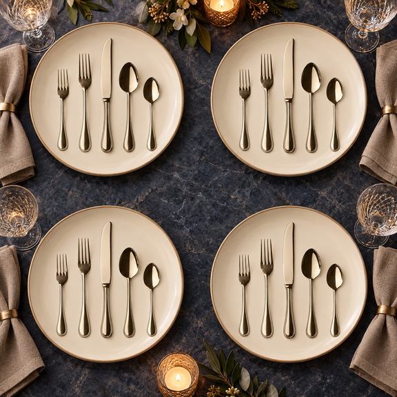 Mepra Perla Champagne 20-piece flatware displayed as four sophisticated evening place settings