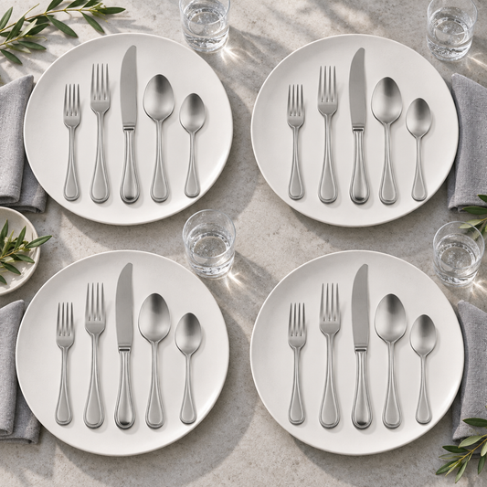 Mepra Perla Ice 20-piece brushed silver flatware arranged as four modern daylight place settings