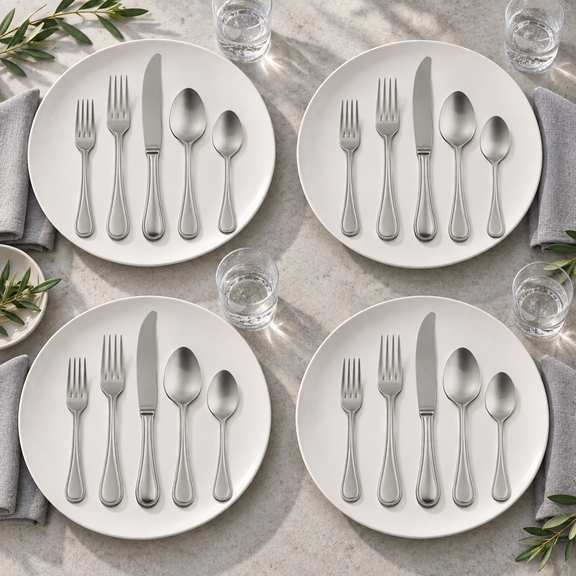 Mepra Perla Ice 20-piece brushed silver flatware arranged as four modern daylight place settings